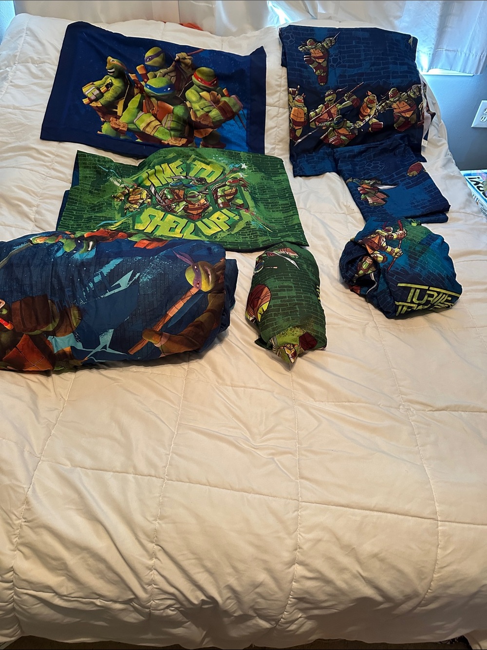 Teenage Mutant Ninja Turtles Blue & Green TWIN Bed Set with COMFORTER & CURTAINS